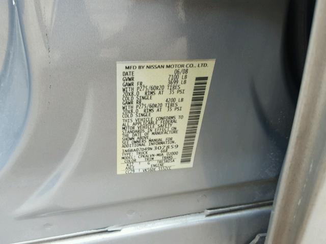 1N6BA07D49N307859 - 2009 NISSAN TITAN XE SILVER photo 10