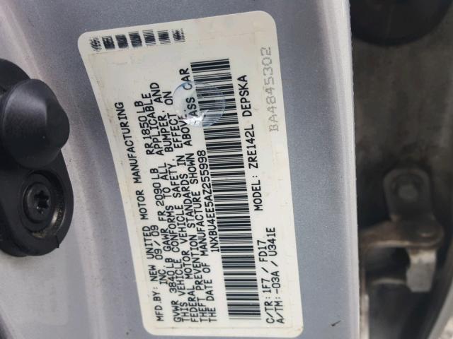 1NXBU4EE5AZ255998 - 2010 TOYOTA COROLLA BA SILVER photo 10