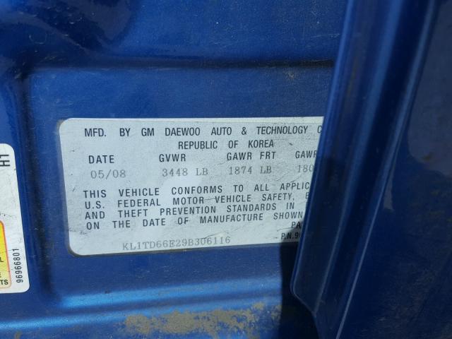 KL1TD66E29B306116 - 2009 CHEVROLET AVEO LS BLUE photo 10