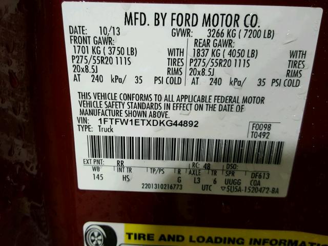 1FTFW1ETXDKG44892 - 2013 FORD F150 SUPER RED photo 10