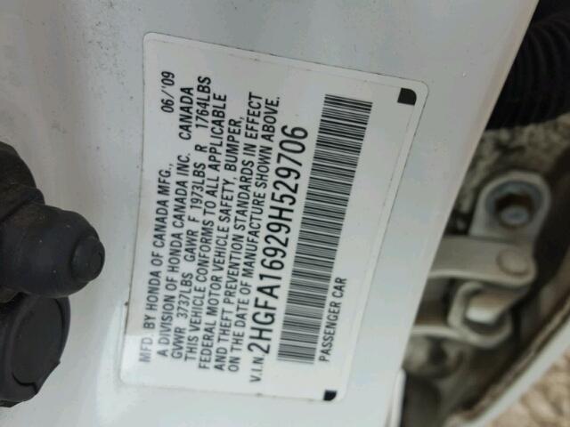 2HGFA16929H529706 - 2009 HONDA CIVIC EXL WHITE photo 10