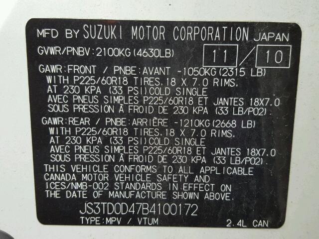 JS3TD0D47B4100172 - 2011 SUZUKI GRAND VITA WHITE photo 10