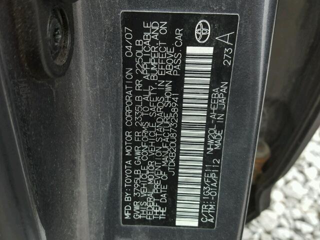 JTDKB20U873258941 - 2007 TOYOTA PRIUS GRAY photo 10