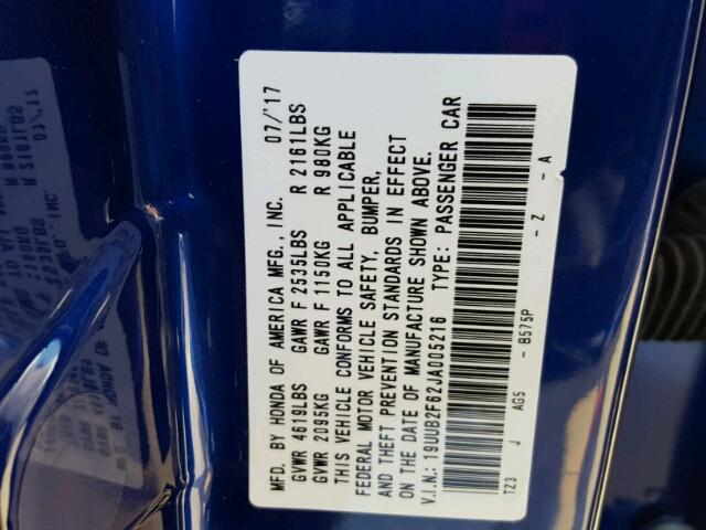 19UUB2F62JA005216 - 2018 ACURA TLX TECH+A Կապույտ լուսանկար 10