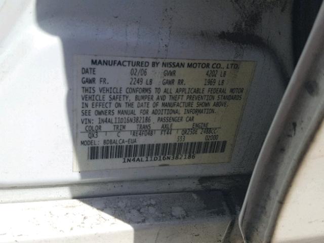 1N4AL11D16N382186 - 2006 NISSAN ALTIMA S WHITE photo 10