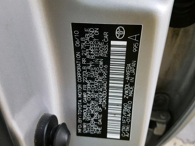 JTDKN3DU4A0199516 - 2010 TOYOTA PRIUS SILVER photo 10