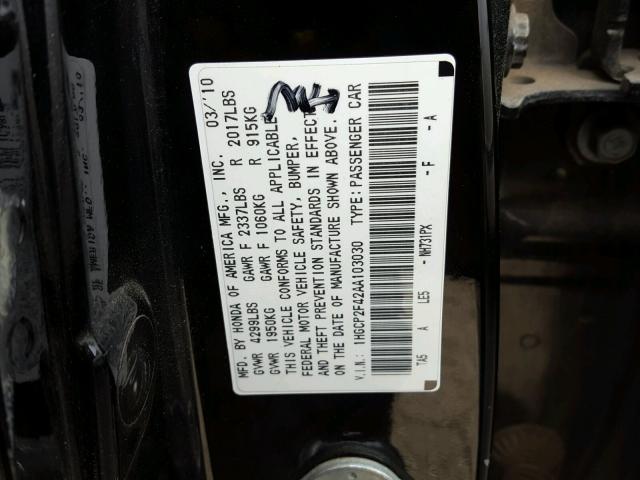 1HGCP2F42AA103030 - 2010 HONDA ACCORD LXP BLACK photo 10