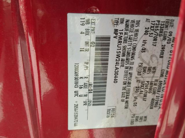 1FMRU15W24LA30440 - 2004 FORD EXPEDITION RED photo 10