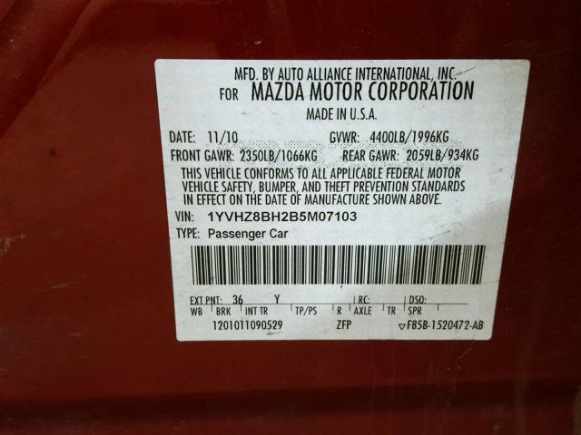 1YVHZ8BH2B5M07103 - 2011 MAZDA 6 I RED photo 10