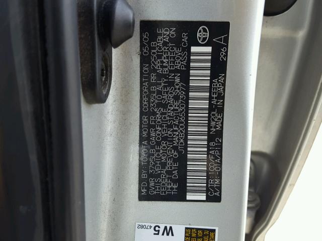 JTDKB20U653073977 - 2005 TOYOTA PRIUS SILVER photo 10