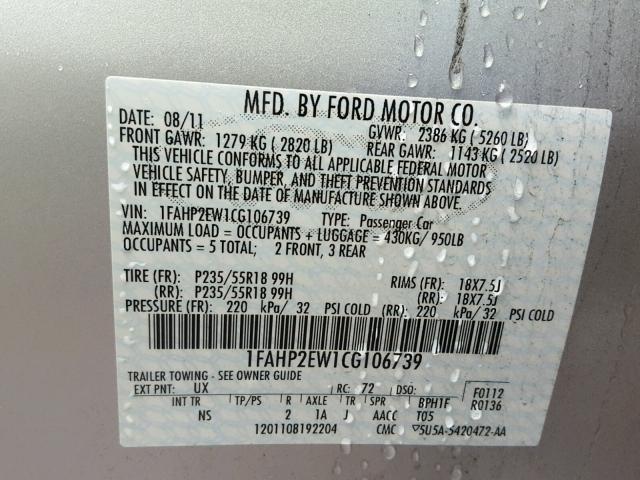 1FAHP2EW1CG106739 - 2012 FORD TAURUS SEL SILVER photo 10