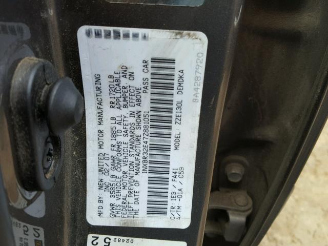 1NXBR32E47Z881051 - 2007 TOYOTA COROLLA CE GRAY photo 10