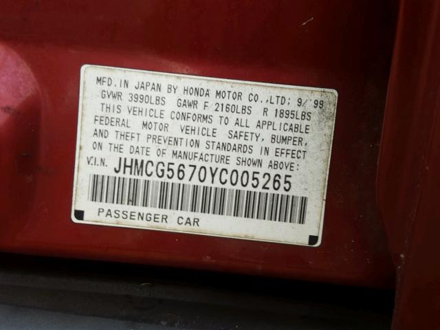 JHMCG5670YC005265 - 2000 HONDA ACCORD SE RED photo 10