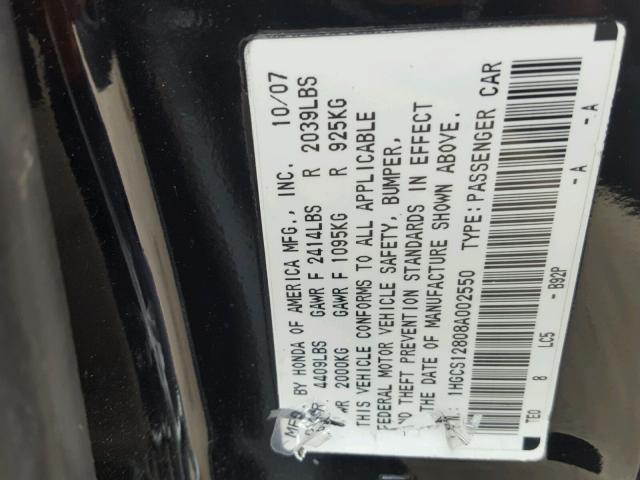 1HGCS12808A002550 - 2008 HONDA ACCORD EXL BLACK photo 10