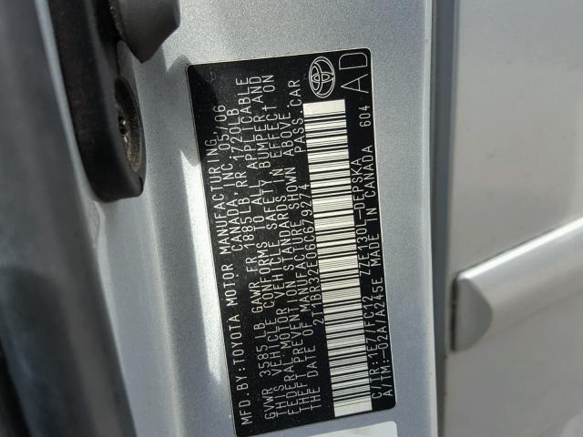 2T1BR32E06C679274 - 2006 TOYOTA COROLLA CE SILVER photo 10