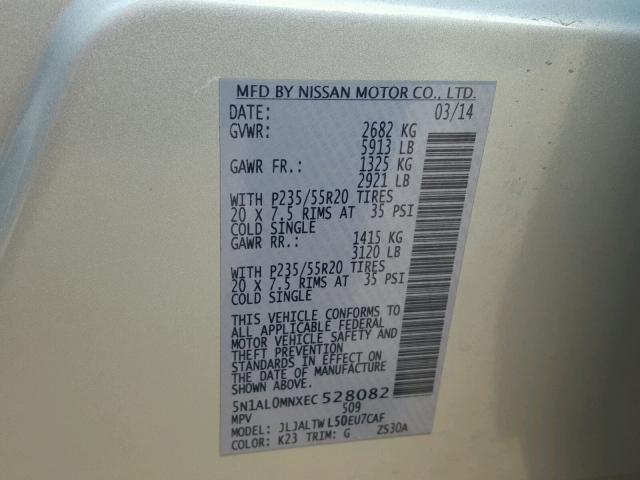 5N1AL0MNXEC528082 - 2014 INFINITI QX60 SILVER photo 10