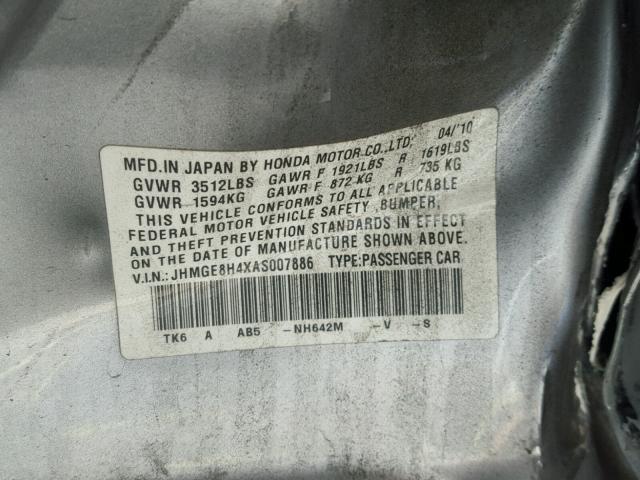 JHMGE8H4XAS007886 - 2010 HONDA FIT SPORT SILVER photo 10