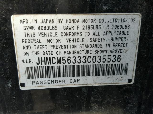 JHMCM56333C035536 - 2003 HONDA ACCORD LX BLACK photo 10