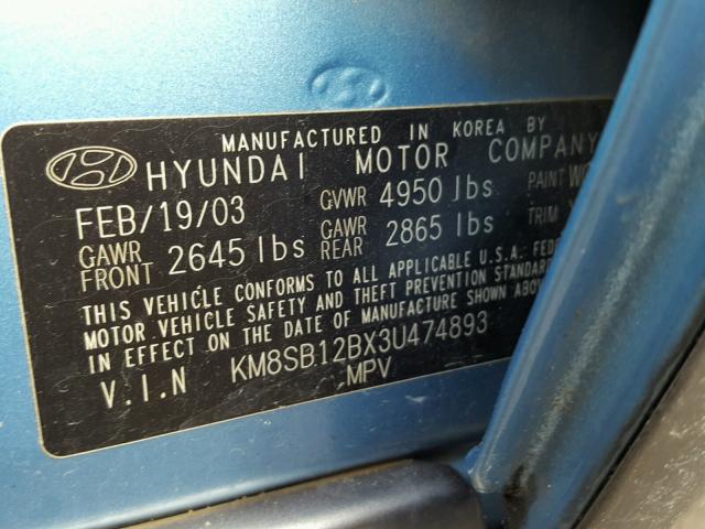 KM8SB12BX3U474893 - 2003 HYUNDAI SANTA FE G BLUE photo 10