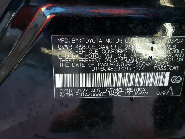 JTHBJ46G072111274 - 2007 LEXUS ES 350 BLACK photo 10