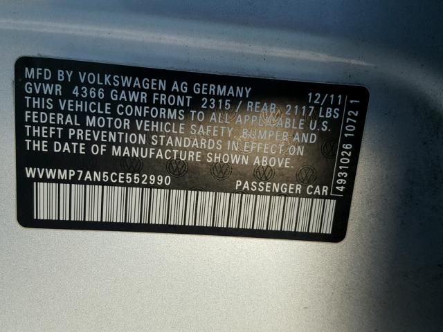 WVWMP7AN5CE552990 - 2012 VOLKSWAGEN CC SPORT GRAY photo 10