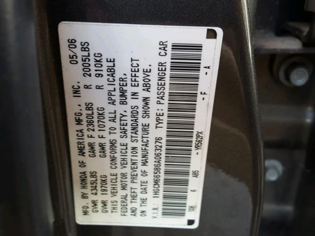 1HGCM66586A063276 - 2006 HONDA ACCORD EX GRAY photo 10