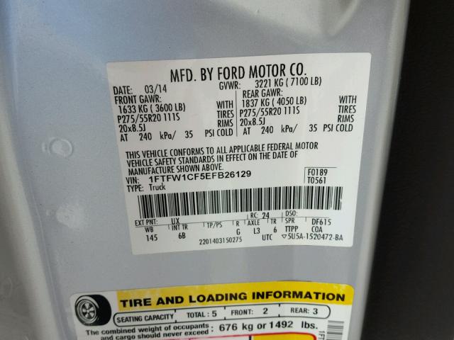 1FTFW1CF5EFB26129 - 2014 FORD F150 SUPER SILVER photo 10