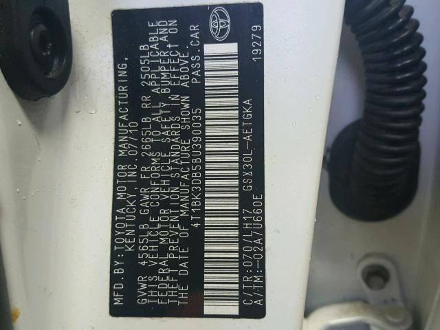 4T1BK3DB5BU390035 - 2011 TOYOTA AVALON BAS WHITE photo 10