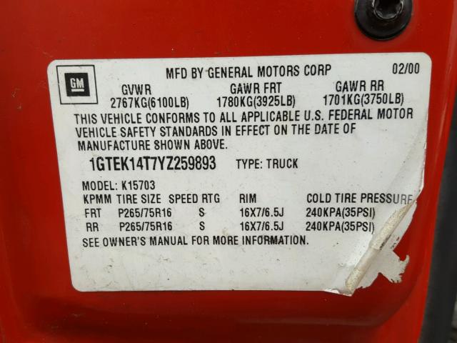 1GTEK14T7YZ259893 - 2000 GMC NEW SIERRA RED photo 10