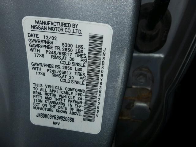 JN8DR09Y63W820668 - 2003 NISSAN PATHFINDER SILVER photo 10