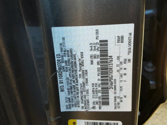 3FA6P0G7XDR127634 - 2013 FORD FUSION S GRAY photo 10