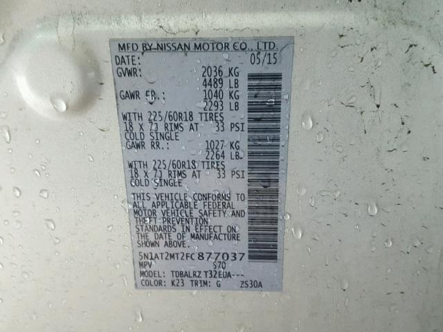 5N1AT2MT2FC877037 - 2015 NISSAN ROGUE S SILVER photo 10