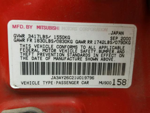 JA3AY26C21U019796 - 2001 MITSUBISHI MIRAGE ES RED photo 10