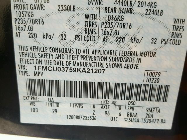 1FMCU03759KA21207 - 2009 FORD ESCAPE XLT BLACK photo 10