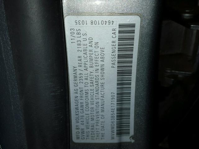 WVWMD63B54E171907 - 2004 VOLKSWAGEN PASSAT GL GRAY photo 10