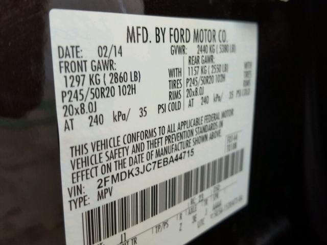 2FMDK3JC7EBA44715 - 2014 FORD EDGE SEL BLACK photo 10