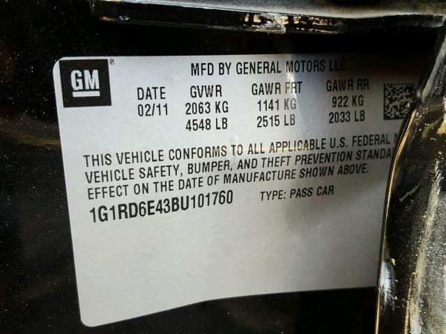 1G1RD6E43BU101760 - 2011 CHEVROLET VOLT BLACK photo 10