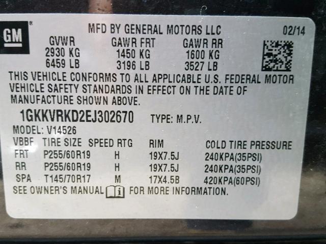 1GKKVRKD2EJ302670 - 2014 GMC ACADIA SLT შავი ფოტო 10