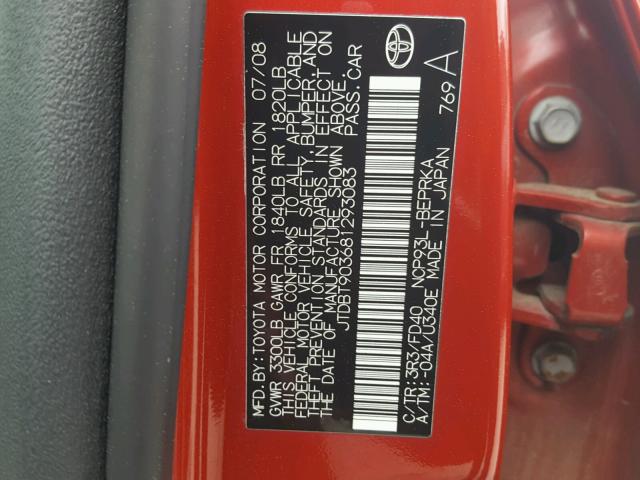 JTDBT903681293083 - 2008 TOYOTA YARIS RED photo 10