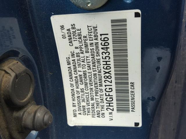 2HGFG128X6H534661 - 2006 HONDA CIVIC EX ლურჯი ფოტო 10