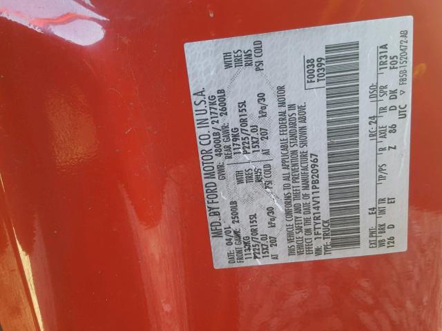 1FTYR14V11PB20967 - 2001 FORD RANGER SUP RED photo 10