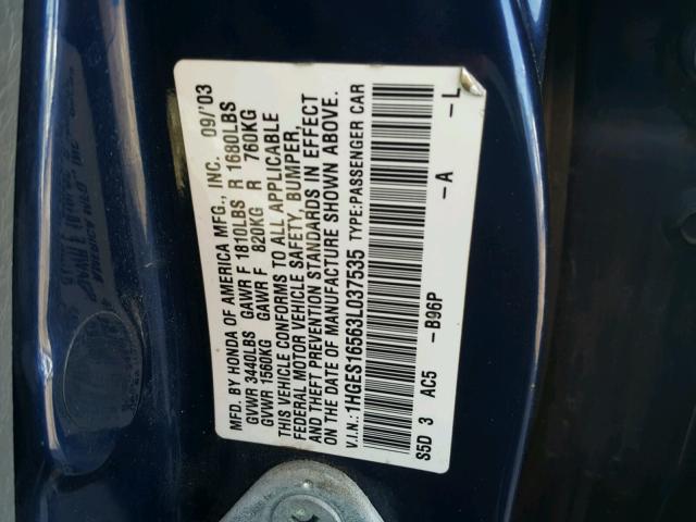 1HGES16563L037535 - 2003 HONDA CIVIC LX BLUE photo 10