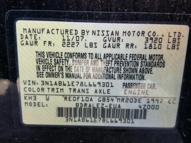 3N1AB61E78L669301 - 2008 NISSAN SENTRA 2.0 BLACK photo 10