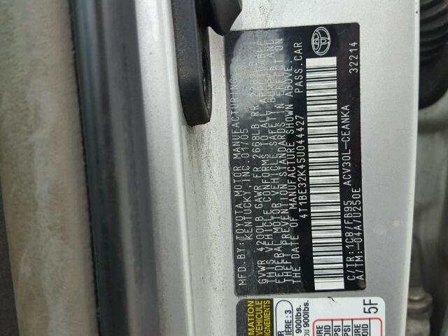 4T1BE32K45U044427 - 2005 TOYOTA CAMRY LE SILVER photo 10