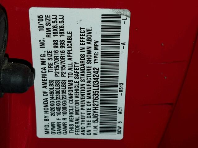 5J6YH27635L034242 - 2005 HONDA ELEMENT EX RED photo 10