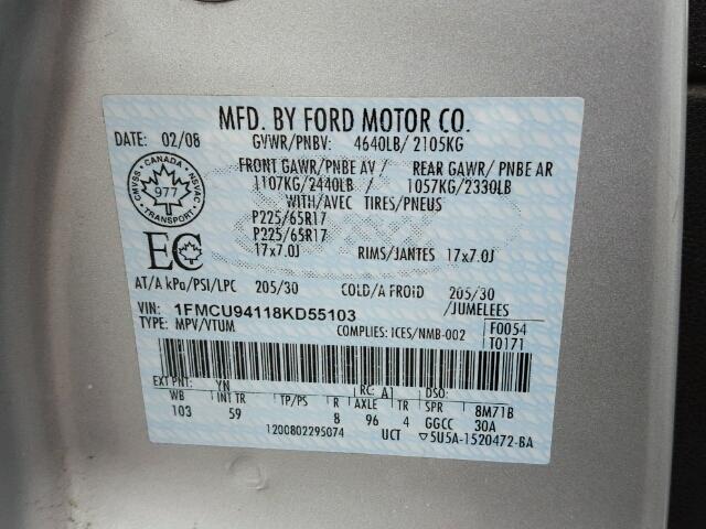 1FMCU94118KD55103 - 2008 FORD ESCAPE LIM SILVER photo 10