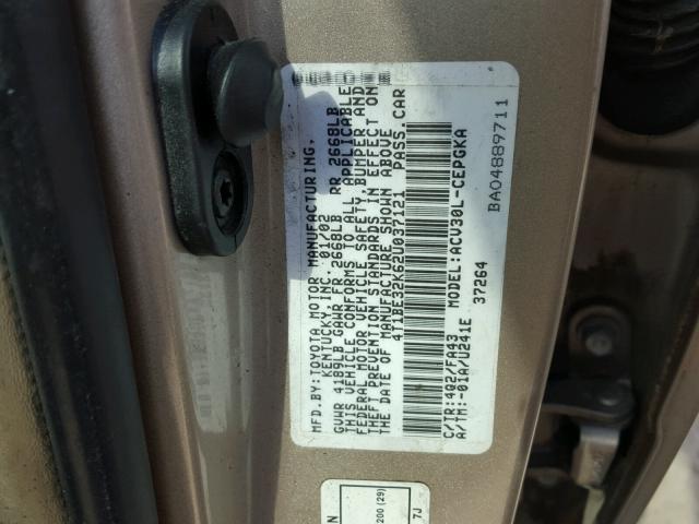 4T1BE32K62U037121 - 2002 TOYOTA CAMRY LE TAN photo 10