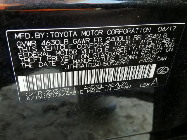 JTHBA1D24H5052994 - 2017 LEXUS IS 200T BLACK photo 10