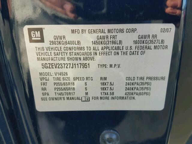 5GZEV23727J117951 - 2007 SATURN OUTLOOK XR ლურჯი ფოტო 10