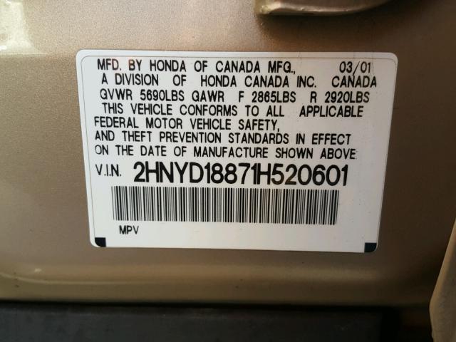 2HNYD18871H520601 - 2001 ACURA MDX TOURIN GOLD photo 10